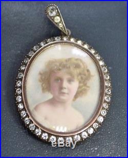 Antique Solid SILVER, Rose Gold & PASTE Child's PORTRAIT Miniature LOCKET
