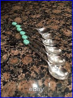 Antique Solid Silver 6 Tea Spoon With Islamic Persian Turquoise Bean Stons 1933