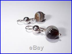 Antique Solid Silver Agate Drop Earrings