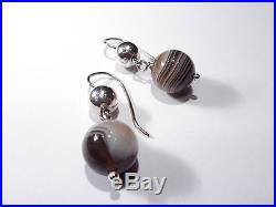 Antique Solid Silver Agate Drop Earrings