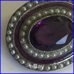 Antique Solid Silver Amethyst Purple Enamel & Seed Pearl Brooch 23mm X 20mm