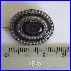 Antique Solid Silver Amethyst Purple Enamel & Seed Pearl Brooch 23mm X 20mm