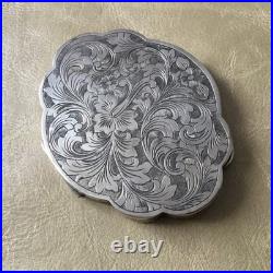 Antique Solid Silver Powder Box with Chiseled Floral Decoration