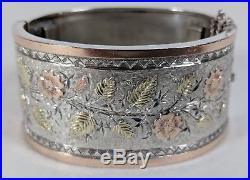 Antique Solid Silver and Gold Bracelet Floral c1890 Aesthetic Cuff Victorian