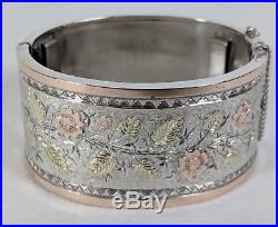 Antique Solid Silver and Gold Bracelet Floral c1890 Aesthetic Cuff Victorian