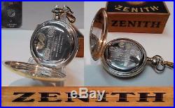 Antique Swiss Made Pocket Watch Zenith Gold Plated. 800 Solid Silver Box Chain