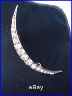 Antique Victorian / Deco Brilliant Paste Crescent Moon Solid Silver Brooch 2.6