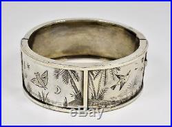Antique Victorian Solid Silver Aesthetic Hinged Bracelet, Night & Day, c1890