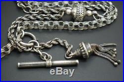 Antique Victorian Solid Silver Albert Watch Chain Necklace T-Bar Tassel c1880