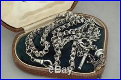 Antique Victorian Solid Silver Albert Watch Chain Necklace T-Bar Tassel c1880