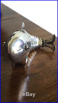 Antique Vintage Solid Silver Snuff Box In The Form Of Fish & 2 Ruby Stone Eyes
