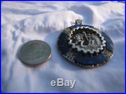Antique peru 3D silver lapis lazuli pendant pin heavy solid 925 1 oz. Silver