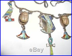 Art-Deco Solid Silver & Enamel Egyptian Revival Fringe Necklace Circa 1920