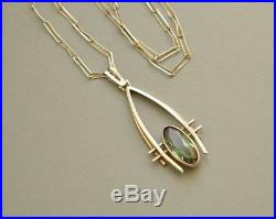 Art Deco Vintage Gilded 835 Solid Silver Green Tourmaline NECKLACE Signed