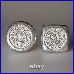 Atlantis Poured Silver Lot of 2 1 oz Square and 1 oz Round Skull & Crossbones