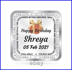 BIS Hallmarked Happy Birthday Personalised Silver Square Coin 999 Pure 100 gm