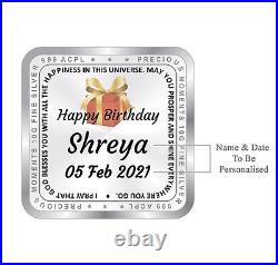 BIS Hallmarked Happy Birthday Personalised Silver Square Coin 999 Pure 100 gm