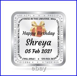 BIS Hallmarked Happy Birthday Personalised Silver Square Coin 999 Pure 20 gm
