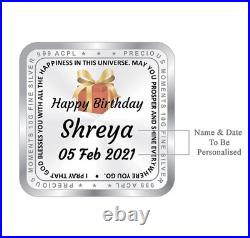 BIS Hallmarked Happy Birthday Personalised Silver Square Coin 999 Pure 20 gm