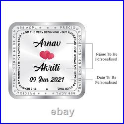 BIS Hallmarked Newly Married Personalised Silver Square Coin 999 Purity 100 gm