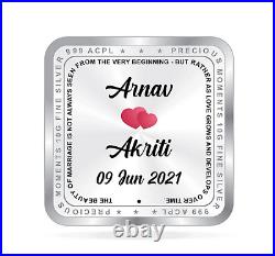 BIS Hallmarked Newly Married Personalised Silver Square Coin 999 Purity 50 gm