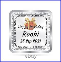 BIS Hallmarked Personalised Happy Birthday Silver Square Coin 999 Purity 100 gm
