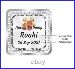 BIS Hallmarked Personalised Happy Birthday Silver Square Coin 999 Purity 100 gm