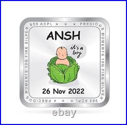 BIS Hallmarked Personalised New Born Baby Boy Silver Square Coin 999 Purity 100g