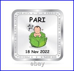 BIS Hallmarked Personalised New Born Baby Girl Silver Square Coin 100 gm