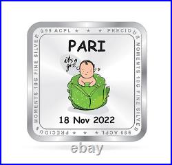 BIS Hallmarked Personalised New Born Baby Girl Silver Square Coin 50 gm
