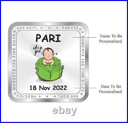 BIS Hallmarked Personalised New Born Baby Girl Silver Square Coin 50 gm