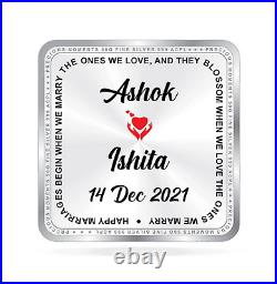 BIS Hallmarked Personalised Newly Married 999 Pure Silver Square Coin 50 gm