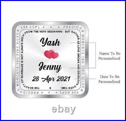BIS Hallmarked Personalised Newly Married Silver Square Coin 999 Pure 100 gm BIS Hallmarked Personalised Newly Married Silver Square Coin 999 Pure 100 gm