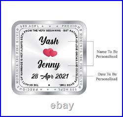 BIS Hallmarked Personalised Newly Married Silver Square Coin 999 Pure 20 gm