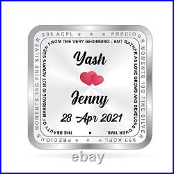 BIS Hallmarked Personalised Newly Married Silver Square Coin 999 Pure 50 gm
