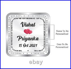 BIS Hallmarked Personalised Silver Square Coin for Newly Married Couple 100 gm