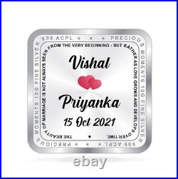 BIS Hallmarked Personalised Silver Square Coin for Newly Married Couple 50 gm