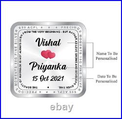 BIS Hallmarked Personalised Silver Square Coin for Newly Married Couple 50 gm