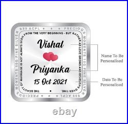 BIS Hallmarked Personalised Silver Square Coin for Newly Married Couple 50 gm