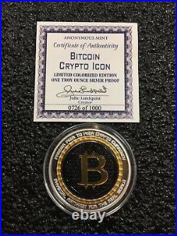 BITCOIN CRYPTO ICON 1 oz. 999 Solid Silver Proof Colorized Coin COA 0726 of 1000