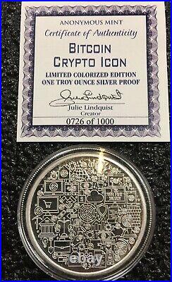 BITCOIN CRYPTO ICON 1 oz. 999 Solid Silver Proof Colorized Coin COA 0726 of 1000