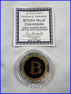 BITCOIN VALUE CONVERSION 1 oz. 999 Solid Silver Proof Round Colorized Coin COA