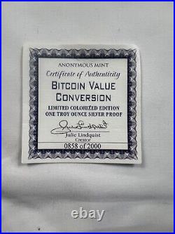BITCOIN VALUE CONVERSION 1 oz. 999 Solid Silver Proof Round Colorized Coin COA