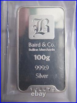 Baird 100g 100 gram Solid Silver Bullion Bar + Certificate