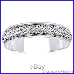 Basket-Weave Adjustable 15mm Open-Cuff Bangle Solid 925 Sterling Silver Bracelet