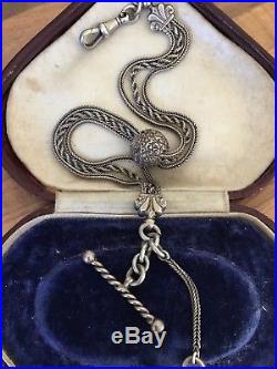 Beautiful Antique Victorian Solid Silver Albertina Watch Chain w Tassel Fob