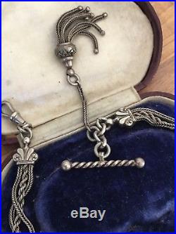 Beautiful Antique Victorian Solid Silver Albertina Watch Chain w Tassel Fob