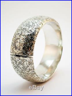 C1879, ANTIQUE 19thC VICTORIAN SOLID SILVER FLORAL ENGRAVED WIDE CUFF BANGLE