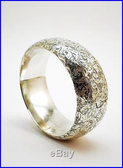 C1879, ANTIQUE 19thC VICTORIAN SOLID SILVER FLORAL ENGRAVED WIDE CUFF BANGLE