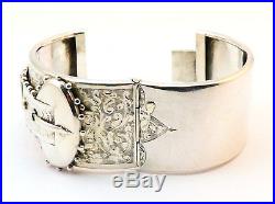 C1880, ANTIQUE 19thC VICTORIAN HM SOLID SILVER WIDE CUFF HINGED BUCKLE BANGLE